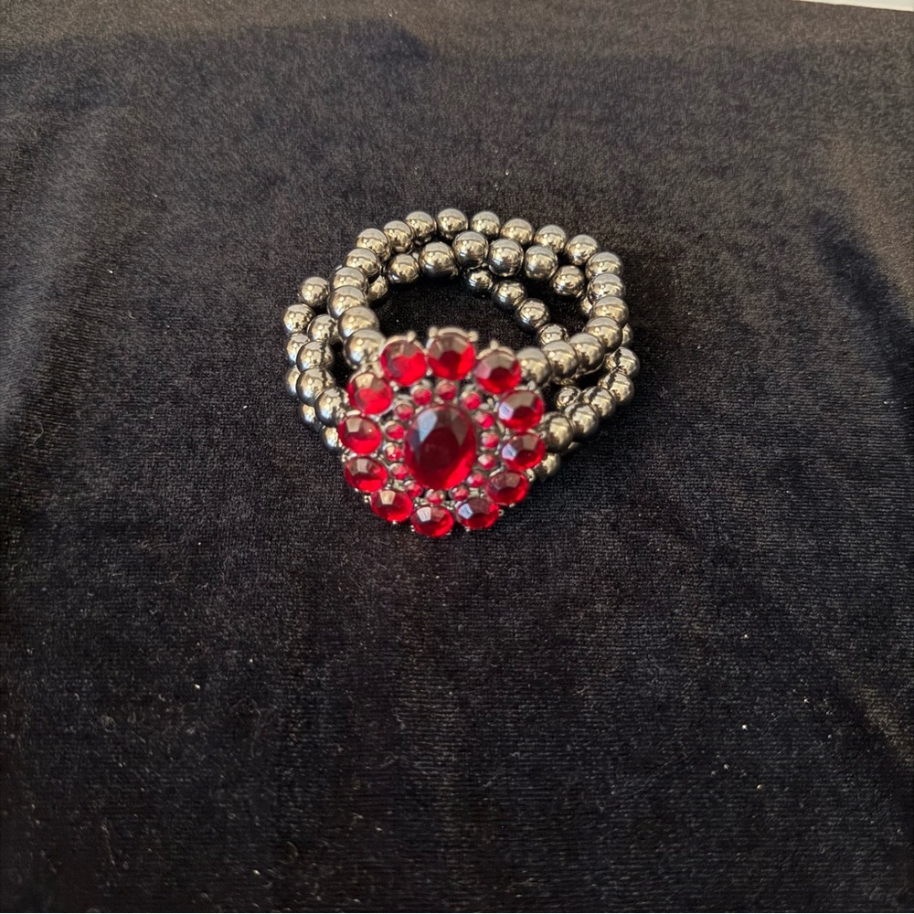 Red and Silver Multi-Strand Bracelet with Bold Centerpiece